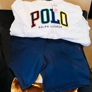 Polo T-shirt with navy blue shorts
